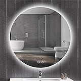 MiduoHu Runder LED-Badezimmerspiegel, Dimmbarer Intelligenter Moderner, an der Wand montierter Schminkspiegel, Dreifarbiger LED + Touch-Schalter + Antibeschlag + Zeittemperatur