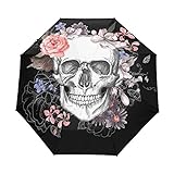 MyDaily Regenschirm mit Totenkopf und Blumenmuster, automatischer Öffnung/Schließung, UV-Schutz, winddicht, leicht