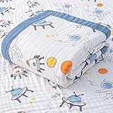 Hivia Musselin Decke 6 Lagig Kuscheldecke Baby Baumwolle 110 x 110 cm Musselin Babydecke Wickeldecke Weiche Decke für Badetuch,Kinderdecke Neugeborene Unisex (Blau Astronaut)