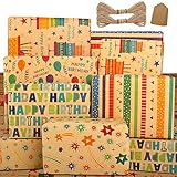 Geschenkpapier Geburtstag, Öko Kraft Geschenk Papier zum Männer Frauen Mädchen Junge,Natur Geburtstagspapier mit Braun and Bunte Gemischtes Muster,Geburtstag Geschenkpapier Kinder Set zum Geschenk