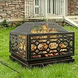 Florise Feuerstelle für den Außenbereich, 66 cm, Holzfeuerstelle für den Außenbereich, mit Netzabdeckung und Feuerschürhaken, großer quadratischer Metallkamin für Terrasse, Hinterhof, Garten,