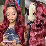 IUPin 1B 99J Burgunderrote Spitzenfront, Echthaar-Perücke, vorgebrochen, Ombré-Spitzenfront, gluelessfrei, Echthaarperücke für Frauen, natürliches Haar mit
