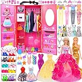 ebuddy 105 Pcs Puppe Schrank Garderobe Kleidung Spiel Set für 11.5 Zoll Mädchen Puppe einschließlich Schrank, Schuhe Rack, Kleid, Schuhe und anderes Zubehör (Keine Puppe)