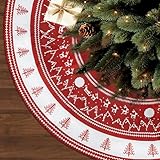 120cm Weihnachtsbaumrock,Roter Baumrock,Leinen-Weihnachtsbaumrock mit Weihnachtselementen,Verdickter Baumrock für Christbaumschmuck, Rot-weißer Christbaumrock Weihnachtsbäume