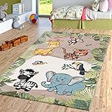 TT Home Kinderzimmer Teppich Dschungel Zoo Tiere Zebra Tiger Löwe AFFE Beige Creme, Größe:160x230 cm