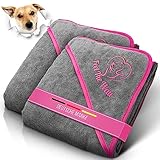 FeelTheWau Hundehandtuch kleine Hunde - 2er Set - Hundehandtuch Extra saugfähig - Für Waschmaschine und Trockner - Hunde Handtuch mit Taschen - Beliebtes Geschenk Hund - Design grau pink - 90x50 cm