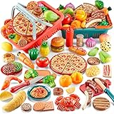 Comirth Spielen Lebensmittel-Sets für Kinder Küche-80PC Pretend Lebensmittel mit 2 Kinder Picknick-Korb, Spielzeug Lebensmittel mit Pizza Spielzeug, Klettverschluss Lebensmittel Schneiden Spielzeug