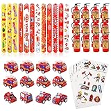 46PCS Feuerwehr Mitgebsel, Feuerwehrmann Sam Kindergeburtstag Mitgebsel enthält 12 Slap Armbänder, 12 Feuerlöscher-Spielzeug, 12 Feuerwehrauto Spielzeug, 10 Tattoo-Aufkleber, für Feuerwehrmann Deko