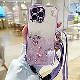 HAOFUGUI Handyhülle für Samsung Galaxy S7 Edge, Mädchen Damen Glitzernde Blumen Schutzhülle, mit Glänzenden Pailletten Elektropliertem Rahmen und Abnehmbarer Umhängekordel Hülle-Lila