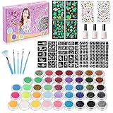 Glitzer Tattoo Set Kinder, Temporäre Glitzertattoos Mädchen - 42 Farben Glitzerpulver 215 Strasssteine 204 Schablonen 4 Leuchtende Blatt Cartoon Aufklebern 3 Kleber 5 Pinsel Make Up Kit