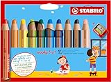 STABILO - Buntstift, Wasserfarbe & Wachsmalkreide - woody 3 in 1-10er Pack mit Spitzer - 10