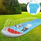 Ansobea 550x145cm Wasserrutsche, Doppel Wasser Rutsche, Wasserspielzeug Wassermatte mit 2 Bodyboards, Sommerspielzeug mit Sprinkler, Hai-Stil Outdoor Wasserrutschmatte für Kinder