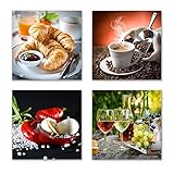 4 wunderschöne Leinwand-Bilder zur Dekoration - jedes Bild ist 30x30cm - ideale Wanddekoration für Moderne Küchen, Esszimmer, Restaurant, Gaststätte Bilder von Essen, Wein, Kaffee, Frühstück, Set-A