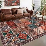 Rug-QJDDUP Kurzflor Teppich 120 x 160 cm, Bunt Rot Orange Gelb Grüner Braun Muster Patchwork Vintage Geometrisch Karo Design Teppiche für Wohnzimmer Schlafzimmer Kinderzimmer Küche Esszimmer