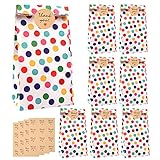 25 Stück Papiertüten Kindergeburtstag, 18 x 9 x 5,5 cm Klein Geschenktüten mit 48 Aufkleber Regenbogen Punkte Mitgebsel Candy Tüten für Hochzeit Geburtstag Party