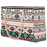 TropicalLife Strandtaschen für Frauen, ethnische Azteken-Geometrische große Strandtasche mit Reißverschlusstaschen, Vintage, wasserdicht, für Reisen, Schwimmbad, Urlaubszubehör, mehrfarbig