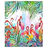 Mimihome Flamingo-Decke, tropische Blätter, Flamingos, warme Fleecedecke für Sofa, Couch, Bett, Stuhl, 127 x 101 cm, Rosa, Grün, Weiß