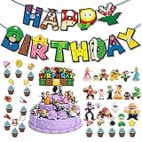 34 Stücke Tortendeko Super Mario, 1 Happy Birthday Banner ,Mario Figuren Cake Topper ,Tortendeko Geburtstag Set Junge MäDchen Party Torte Deko.