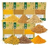 BIO Indische Gewürzmischungen Masala 7er SET - Garam Masala, Hot Bombay Curry, Madras Curry, Asia Wok, Chai Masala, Kurkuma Grundausstattung Geschenkset BIO Gewürzset Gewürze Set