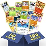 Heartforcards® 50 Original Verschiedene Pokemon Karten | Deutsch | 3X Holo | 3X Rares | 1 zufällige Pikachu/EvoIi/Glumanda/Dedenne | Sammelkarten aus aktuellen Sets | für Weihnachten + 100 Hüllen