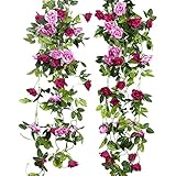 JUSTOYOU 2pcs 7.8FT zweifarbige künstliche gefälschte Rosengirlande Wein hängen Seide Blume künstliche Blume für Außen- und Innenhochzeit Wand schlechte Dekoration (Magenta)