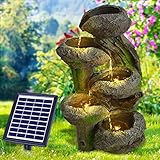 Solar Gartenbrunnen Brunnen Zierbrunnen Zimmerbrunnen Springbrunnen Brunnen mit LED-Licht und Li-Ion-Akku Wasserfall Wasserspiel (Solar Gartenbrunnen BAUMSTUMPF & STEINSCHALEN)