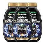 Garnier Wahre Schätze Ausgleichendes Shampoo, Formel mit Aktivkohle und Schwarzkümmelöl, für schnell fettende Kopfhaut und trockene Haarlängen, 3 x 250 ml