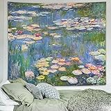 Monet Wasserlilie, Vintage-Wandteppich, grünes Blumenpflanzen-Poster für Schlafzimmer, Mädchen, Jungen, kleiner Naturblumenteich, Wandbehang, Garten, Aquarell, ästhetische Wandteppiche für Wohnzimmer