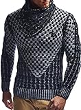 LEIF NELSON Herren Strick-Pullover | Strick-Pulli mit Schalkragen | Moderner Woll-Pullover Langarm-Sweatshirt Slim Fit mit Schnallen, L, Schwarz-ecru