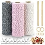 Qetlavee 3stk Makramee Garn,Baumwolle Makramee Baumwollgarn Bunt Farbverlauf für DIY Boho Deko Handwerk Mit 10 Schlüsselanhänger 40 Holzperlen 6 Holzringe 2 Rundstab(2mm x 100m)