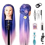 FEIYANJF Frisierkopf Trainingsköpfe Übungskopf, Echthaar Friseurkopf Synthetic Hairdressing Cosmetology Mannequin Puppenkopf Schaufensterpuppe mit Halterung, Haar Zubehör für Frisöre (Pulverblau)