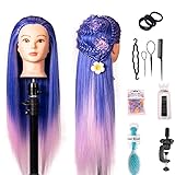 FEIYANJF Frisierkopf Trainingsköpfe Übungskopf, Echthaar Friseurkopf Synthetic Hairdressing Cosmetology Mannequin Puppenkopf Schaufensterpuppe mit Halterung, Haar Zubehör für Frisöre (Pulverblau)