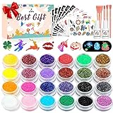 Acebwhtoy Glitzertattoos Kinder Set, 24 Farben Glitzer Tattoo Set Kinder, 18 Stück Temporäre Tattoo Schablonen mit 224+ Muster Stencils für Mädchen Jungs,Geschenk für Geburtstagsparty