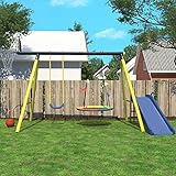 Jaxenor Schaukelgestell Outdoor Metall, Garten Schaukel Outdoor mit Gestell, Gartenschaukel Kinder mit Nestbaumschaukel, Einzelschaukel, Basketball, Basketballständer, Rutsche, Schaukelgerüst, Gelb