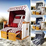 BRAST® Strandkorb Nordsee XXL für 2 Personen 120cm breit mehrere Designs incl. wetterfeste Abdeckhaube verstellbare Rückenlehne Fußkissen Farbe Weiß/Rot gestreift