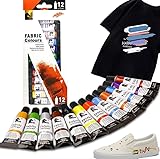 Juadnic Textilfarbe Waschmaschinenfest 12 Farben Fabric Paint Stofffarben Waschfest Enthält 4 Ölmalpinsel für Schuh, Kleidung, Canvas-Tasche, Hut, Hose, Stofffarbe