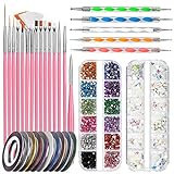 Nail Art Pinsel Set, FANDAMEI 15 Stücke Nagel Pinsel Rosa, 5 Stücke Dotted Pen, 10 Rolle Streifenband Nägel, Strasssteine Nägel, Ultra Dünn Nagel Pailletten für Nagelkunst Maniküre Set