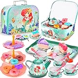 FAMKEEP 48 Pcs Teeservice Kinder,Meerjungfrau Spielzeug Tragekoffer,Tee Set Teeservice mit Dessert,Tea Party Set Kids,Teeservice Kinderküche für Kinder Mädchen 3 4 5 6 7 8 Jahren