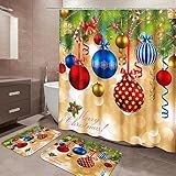 Merry Christmas Badezimmer-Sets mit Duschvorhang und Teppichen Zubehör, Weihnachtsbaum Duschvorhang Sets, Girlande Weihnachtskugel Duschvorhang für Badezimmer, Schneeflocke Badezimmer Dekor 3 Stück