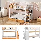 kubeier Hochbett 90x200cm, Doppelbett Kinderbett Hausbett Etagenbett mit Stauraumtreppe und 2 Schubladen, Kinderzimmer Hoch-Doppel-Stockbett für Jungen & Mädchen, Weiß+Natur