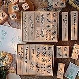 22 Stück Holzstempel Set, Blumen Holz Stempel, Alphabet Stempel mit Stempelkissen, Motivstempel Holz Stempel Blüten, Gummi Holz Vintage Stempel für Scrapbooking, Kinder DIY Karten Machen (B)