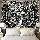 Betylifoy Baum des Lebens Tapisserie Mond und Sonne Schwarzer Wandbehang Tapisserie Psychedelisches Mandala Sternenhimmel Wandteppich Hippie Tapisserie für Schlafzimmer (148x200cm)