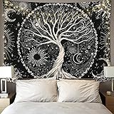 Betylifoy Baum des Lebens Tapisserie Mond und Sonne Schwarzer Wandbehang Tapisserie Psychedelisches Mandala Sternenhimmel Wandteppich Hippie Tapisserie für Schlafzimmer (130x150cm)