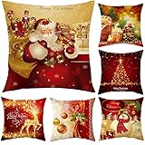 6 Stück Weihnachten Kissenbezug, Rot und Gold Weihnachte Deko Kissenbezüge, Weihnachten Schneemann Rentier Weihnachtsmann Kissenbezug für Sofa Deko Weihnachten, 45 x 45cm