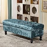 Hochwertiger Ottoman aus Samt mit Kristallknopf, Fußstütze mit Stauraum und Schuhwechselhocker für Wohnzimmer, Schlafzimmer, Eingangsbereich – stilvolle blaugrüne Polsterbank (78,7 x 45,7 x 45,7 cm)