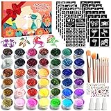 jingyuanli Glitzer Tattoo Set Kinder - 42 Farben Temporäre Glitzertattoos für Mädchen, 228 Schablonen, 8 Pinsel, 233 Strasssteine,3 Kleber, Fasching Glitzer Make-up-Kit,für Mädchen ab 3 Jahren