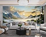 Fototapete 3D Effekt Tapeten 3D Verschneite Berge Wasser Wolken Waldlandschaft Wohnzimmer Schlafzimmer Flur Modern Vlies Tapete Vliestapete Wandtapete Personifizieren