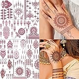 XMASIR 12 Blätter Mehndi Braun Tattoos Aufkleber, Temporäre Tattoos Schablone Set Wasserfest Tattoo Tempel Aufkleber für Hand Arm Erwachsene Mädchen