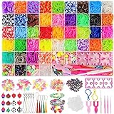 5000+ Loom Bänder Set, 54 Rastern Bunte Gummibänder Kit für Armbänder, DIY Elastisches Loombänder Kinder Armband Basteln mit Perlen Haken Charms Aufbewahrungsbox für Anfänger Junge Mädchen Geschenk