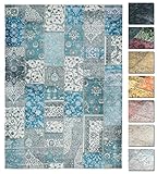 Kelim Patchwork Teppich Blau 80 X 145 cm - Maschinenwaschbar - Moderner Kurzflor Wohnzimmer Teppich - Super Soft